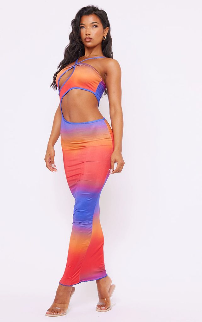 Multi Ombre Print Slinky Ring Detail Cut Out Maxi Dress, Multi