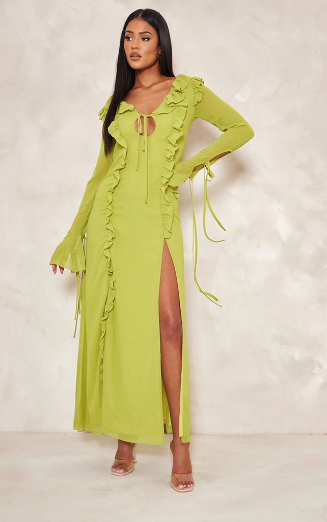 Tall Lime Long Sleeve Frilled Maxi Dress, Green