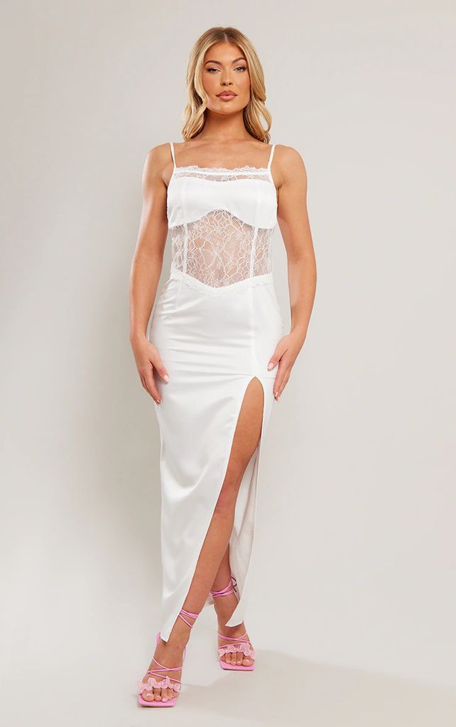 White Satin Lace Insert Strappy Split Detail Midaxi Dress, White