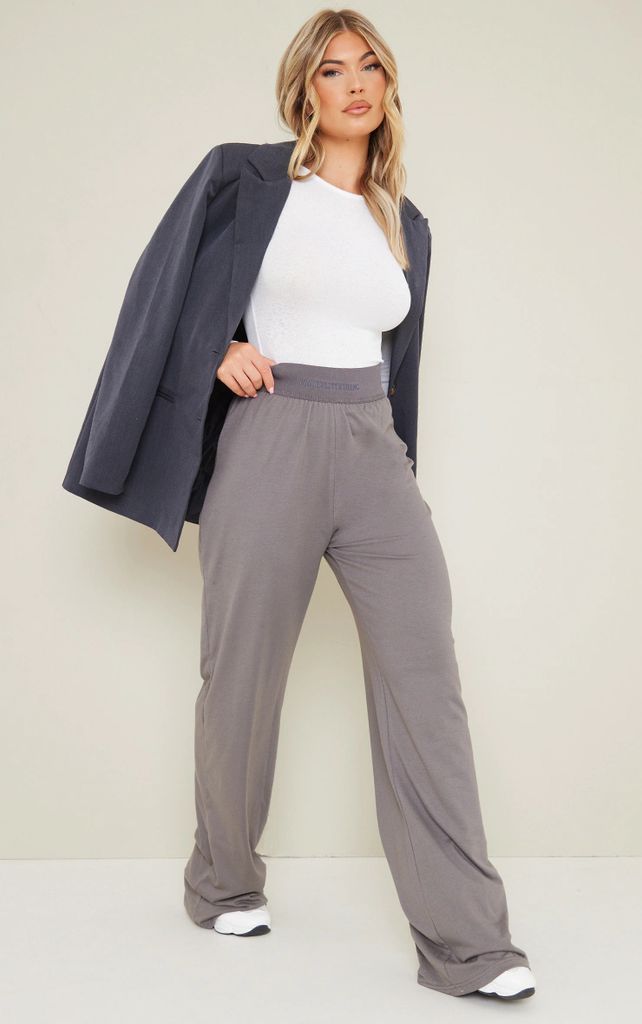 Charcoal Waistband Detail Soft Touch Wide Leg Trousers