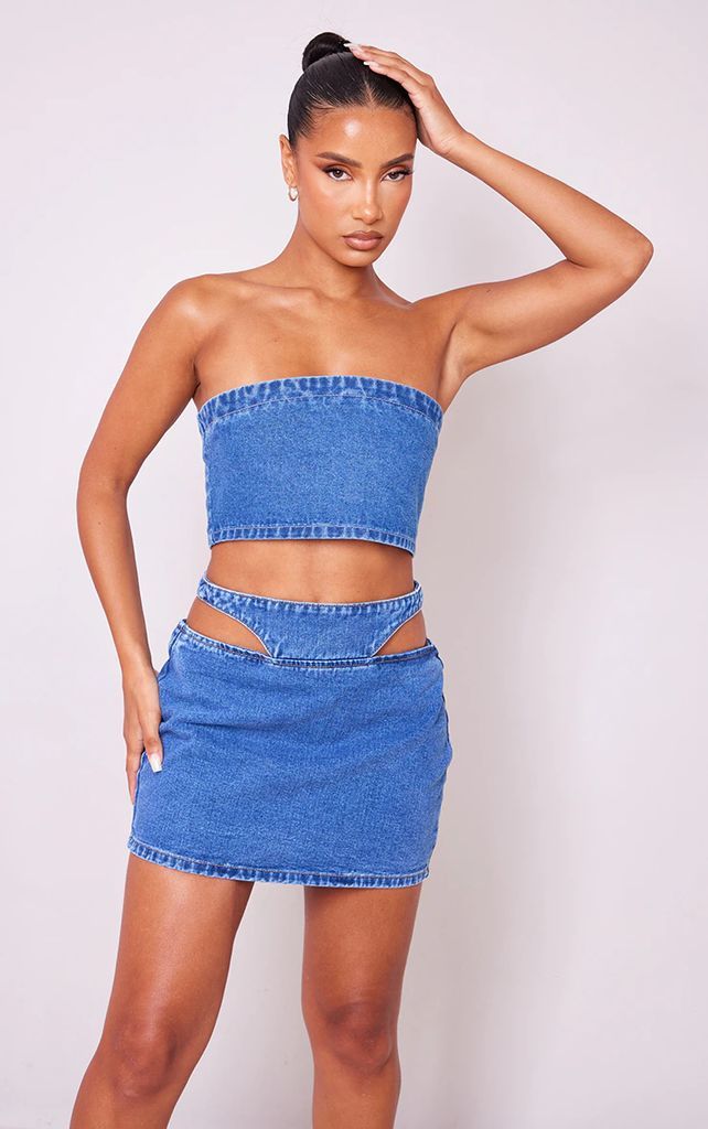 Indigo Blue Wash Cut Out Waistband Denim Mini Skirt, Mid Blue Wash