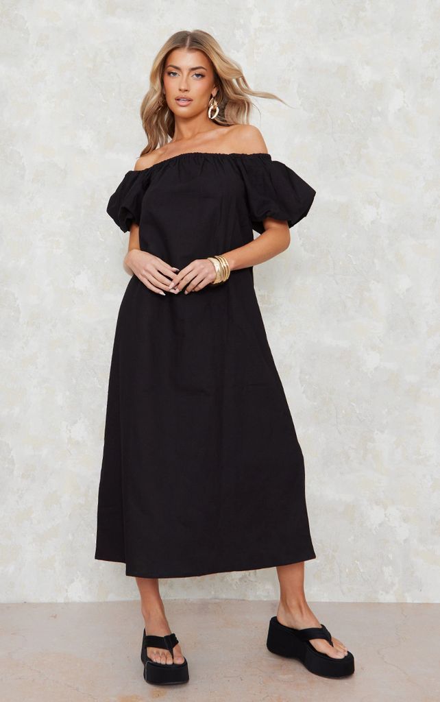 Black Woven Puff Sleeve Bardot Midaxi Dress, Black