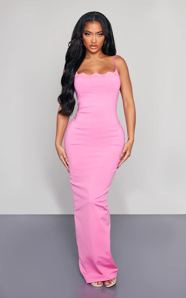 Shape Pink Lace Detail Matte Sculpt Maxi Dress, Pink