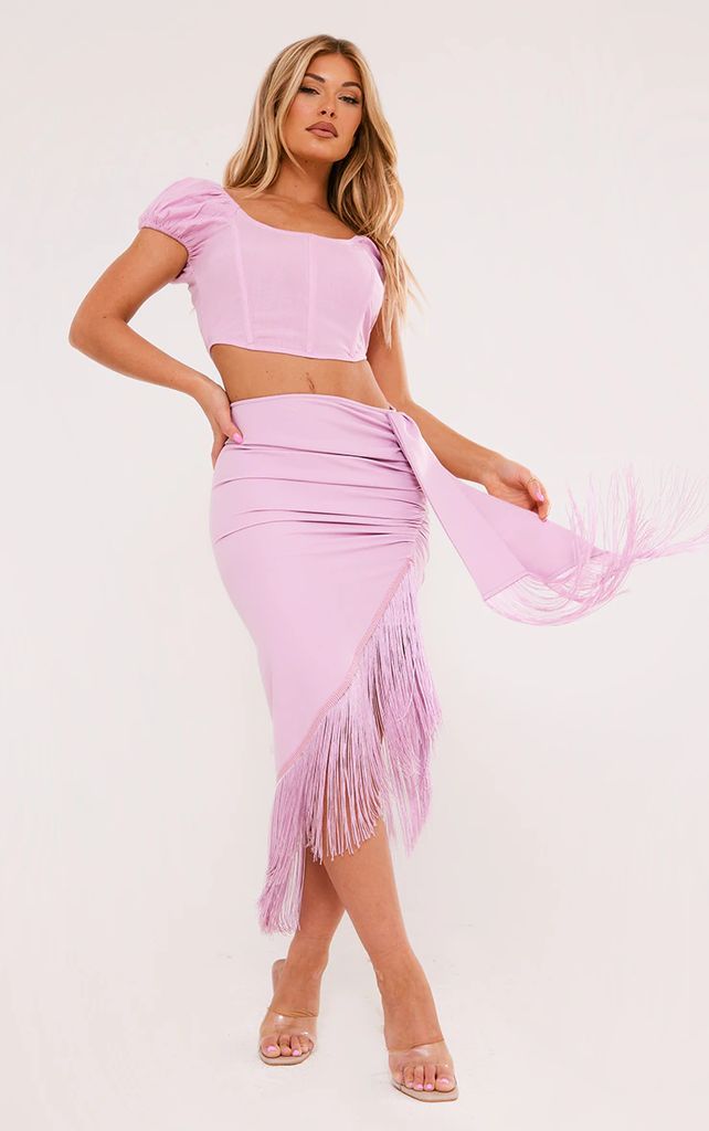 Lilac Tassel Hem Midi Skirt, Purple