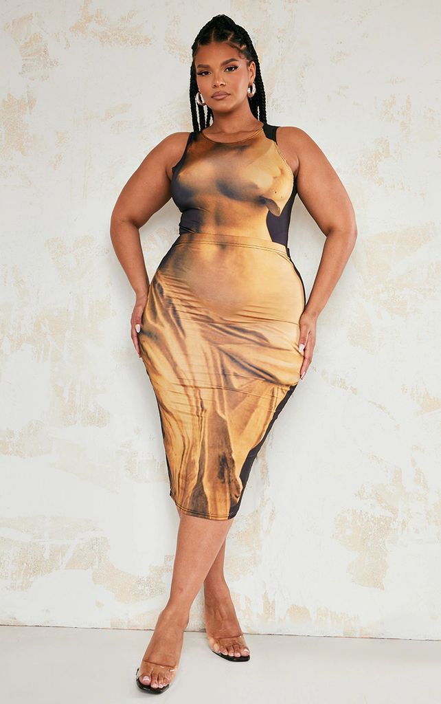 Plus Brown Statue Body Print Midi Skirt, Brown