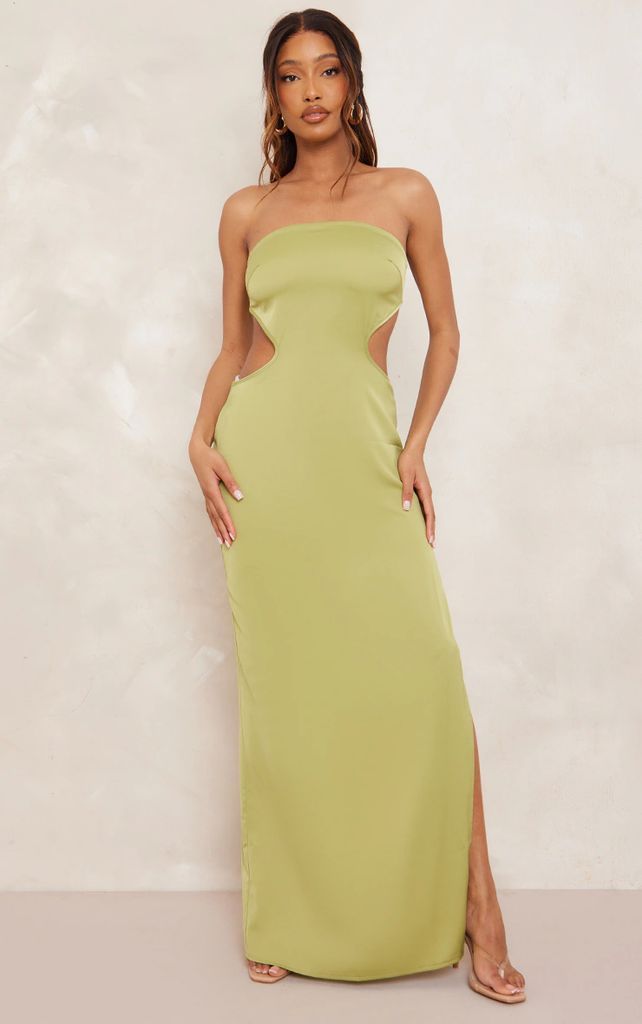 Olive Satin Bandeau Side Cut Out Maxi Dress, Green