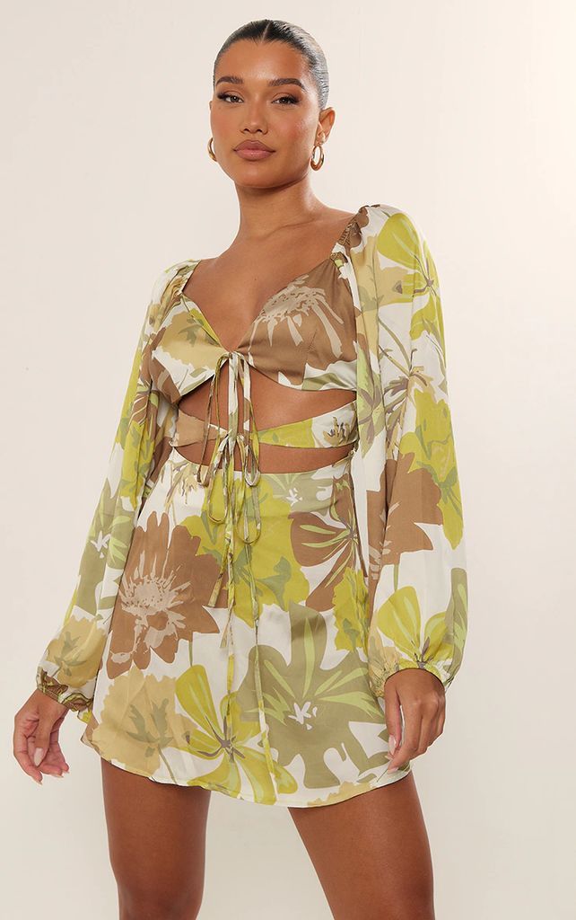 Green Floral Print Satin Cut Out Tie Detail Shift Dress, Green