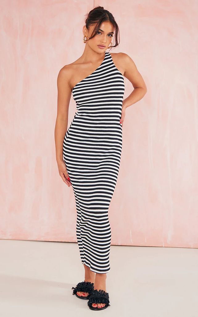 Monochrome Stripe Textured One Shoulder Maxi Dress, Black