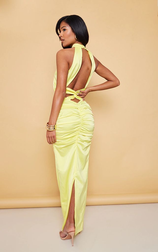 Tall Yellow Satin Plunge Ruched Maxi Dress, Yellow