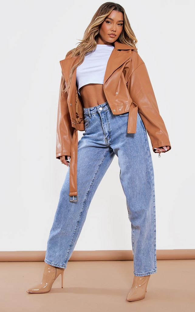 Tan Faux Leather Relaxed Fit Belted Biker Jacket