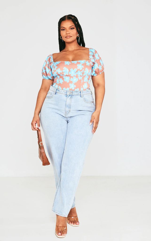 Plus Blue Floral Printed Puff Sleeve Crop Top, Blue