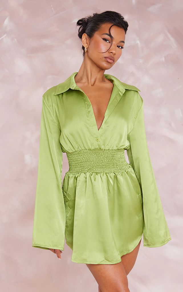 Olive Satin Shirred Waist Detail Shirt Dress, Green