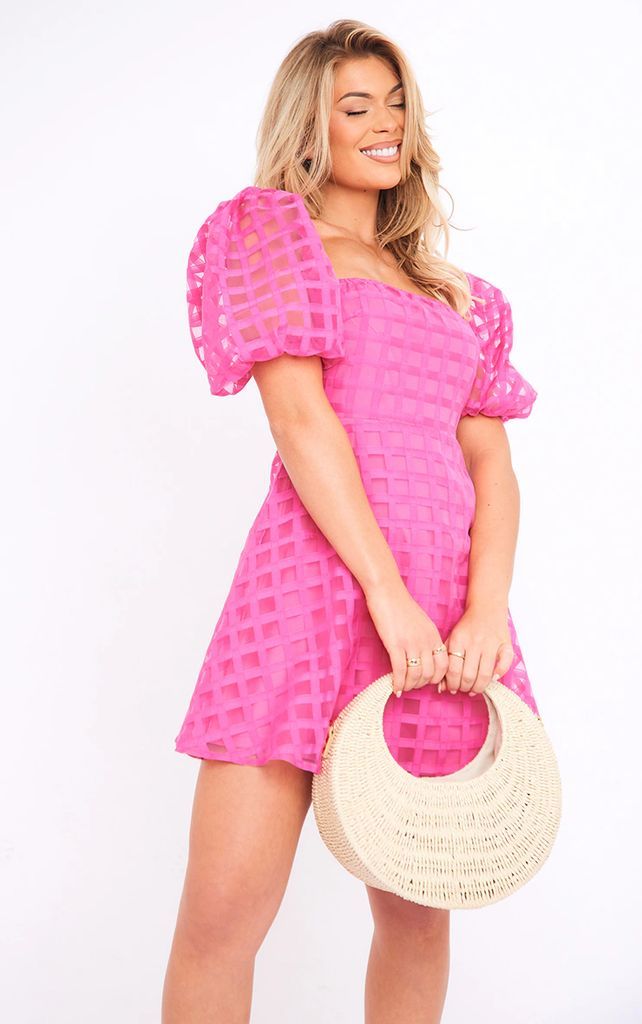 Hot Pink Oversized Gingham Puff Sleeve Shift Dress, Hot Pink