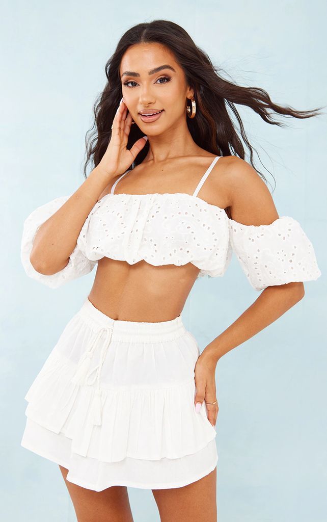 Petite White Broderie Puff Sleeve Crop Top, White