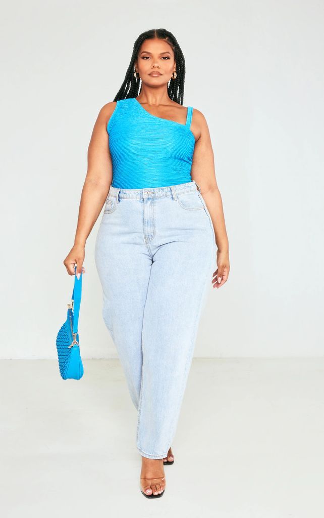 Plus Bright Blue Textured One Shoulder Top, Bright Blue