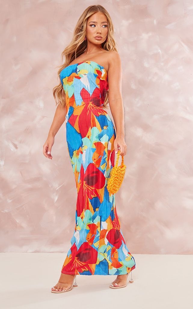 Multi Floral Abstract Print Plisse Bandeau Cowl Back Maxi Dress, Multi