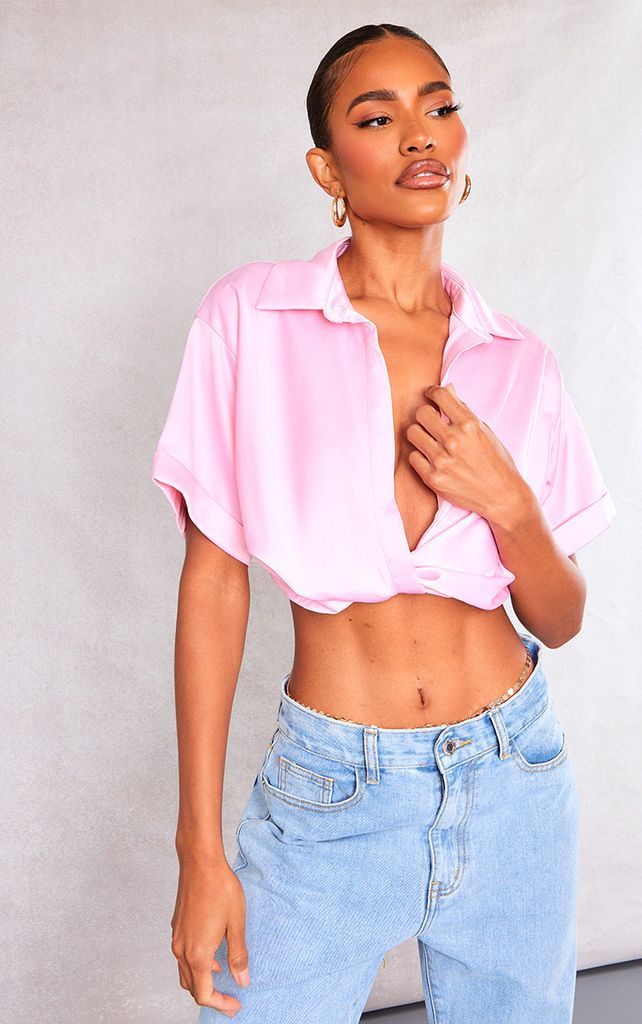 Candy Pink Heavy Satin Twist Front Shirt, Pink