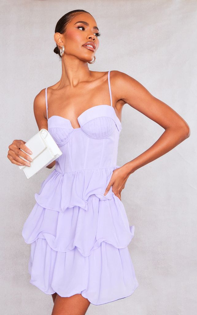 Lilac Chiffon Pleat Cup Detail Frill Bodycon Dress, Purple