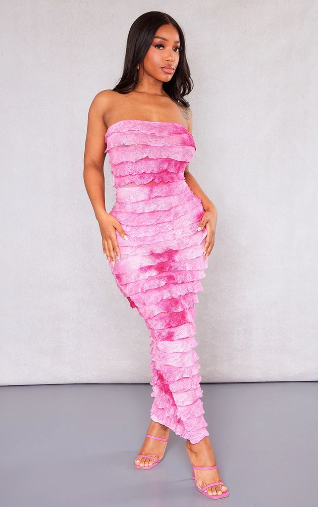 Shape Hot Pink Ombre Frill Edge Bandeau Maxi Dress, Hot Pink