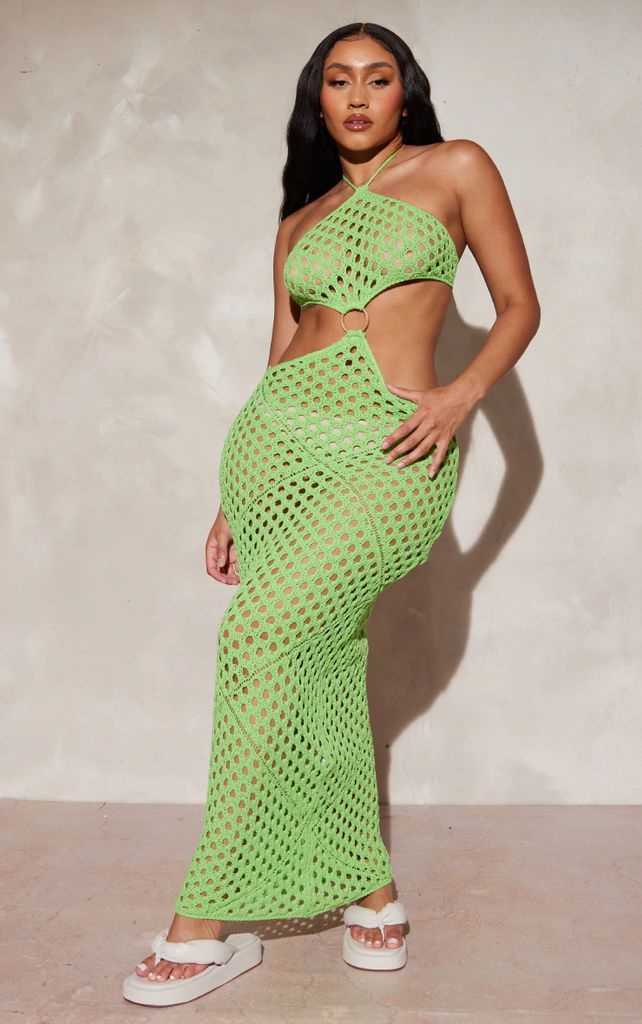 Shape Lime Ring Detail Cut Out Crochet Maxi Dress, Green