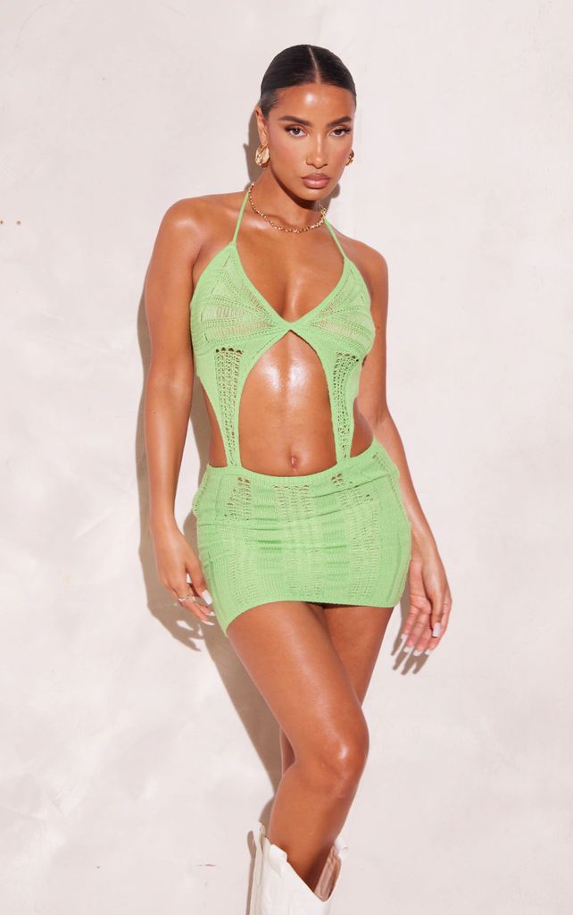 Lime Knitted Crochet Extreme Cut Out Mini Dress, Green