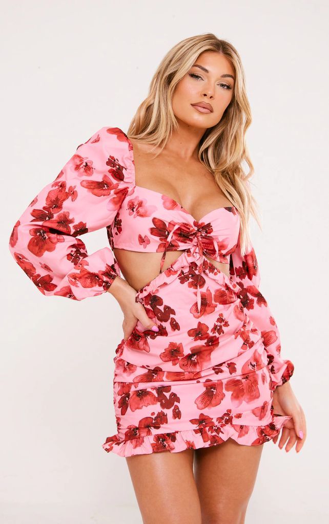 Pink Floral Ruched Cut Out Back Shift Dress, Pink