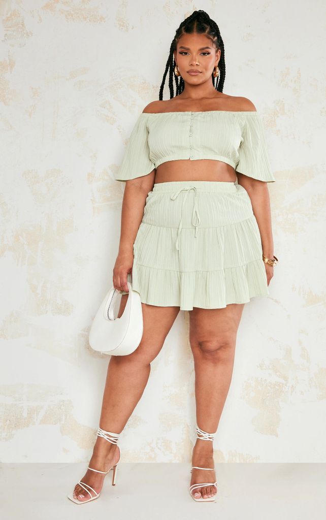 Plus Sage Green Textured Mini Skirt, Sage Green