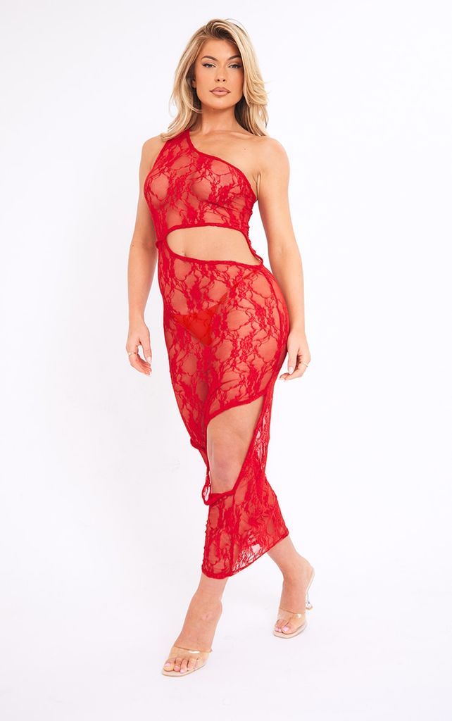 Red Sheer Lace One Shoulder Multi Cut Out Midaxi Dress, Red