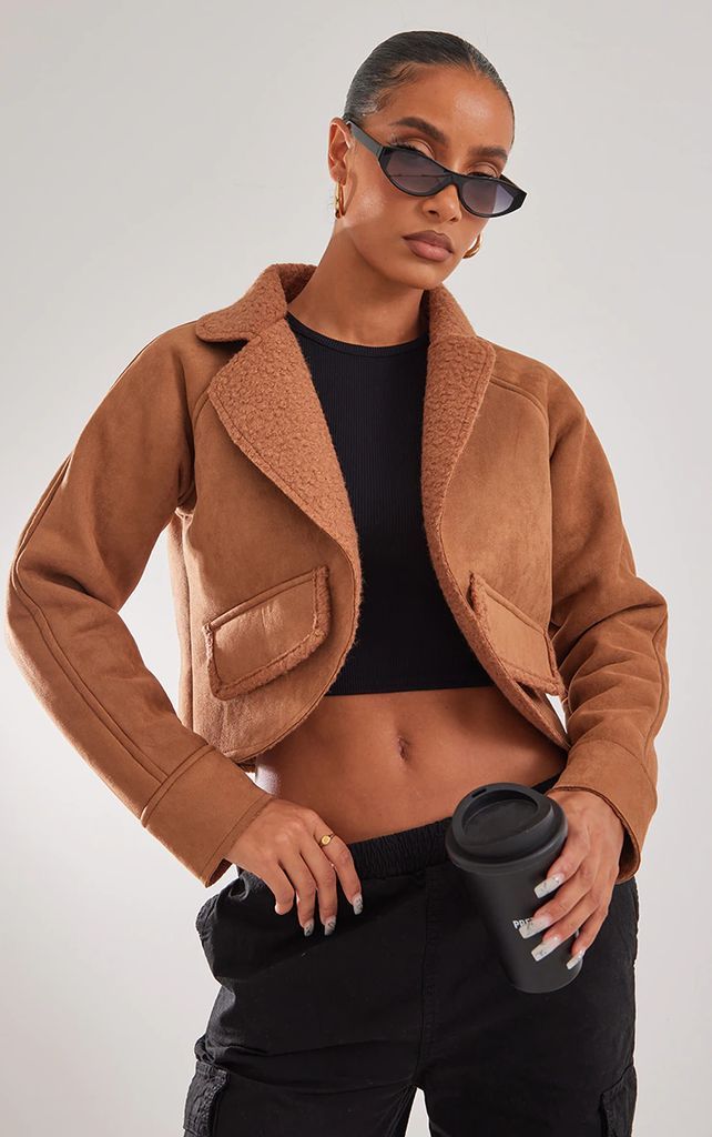 Camel Faux Suede Borg Lined Cropped Jacket
