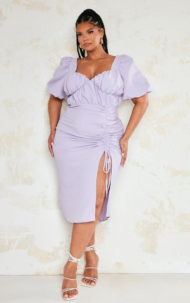 Plus Lilac Puff Sleeve Ruched Side Split Midi Dress, Purple
