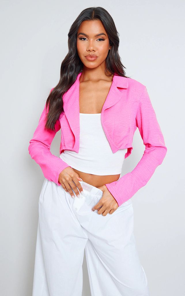 Pink Linen Look Basic Seam Detail Woven Cropped Blazer, Pink