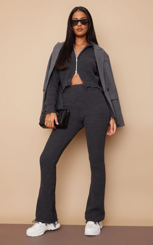 Tall Charcoal Knitted Distressed Straight Leg Flares