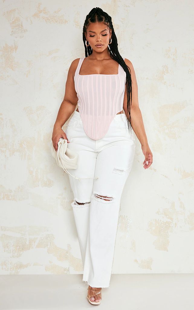 Plus Dusty Pink Textured Boned Corset Top, Dusty Pink