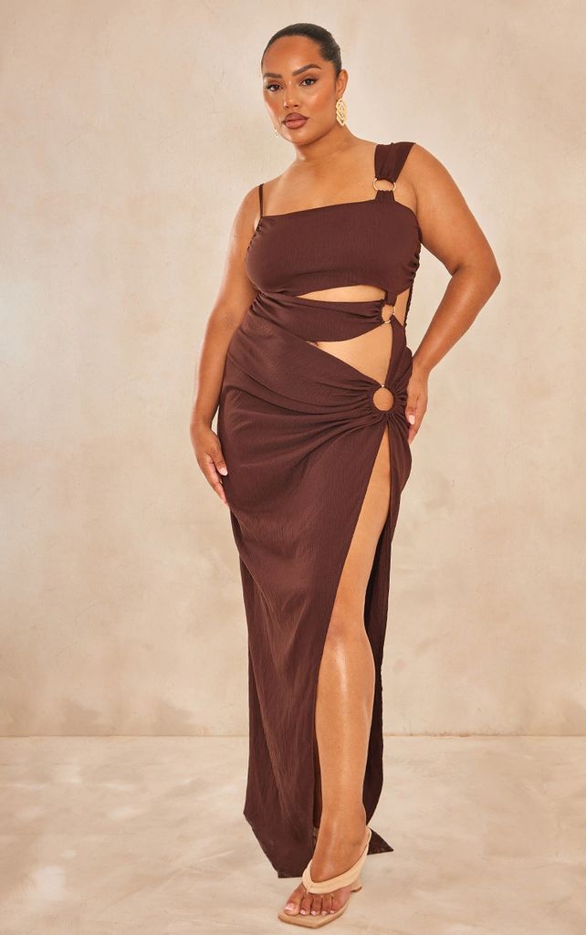 Plus Chocolate Brown Cut Out One Shoulder Ring Detail Maxi Dress, Chocolate Brown