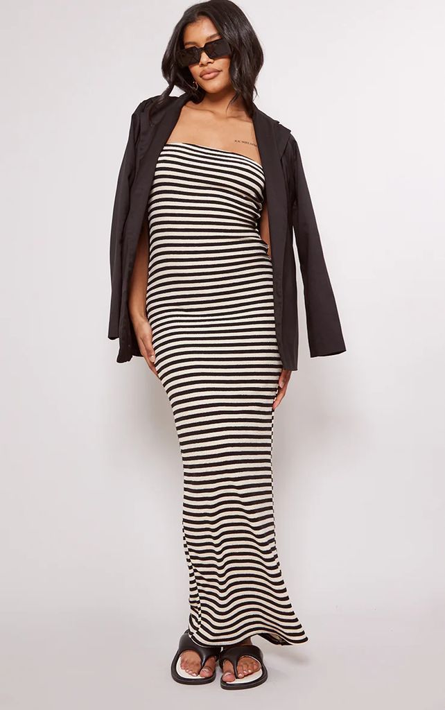 Monochrome Stripe Towelling Maxi Dress, Black