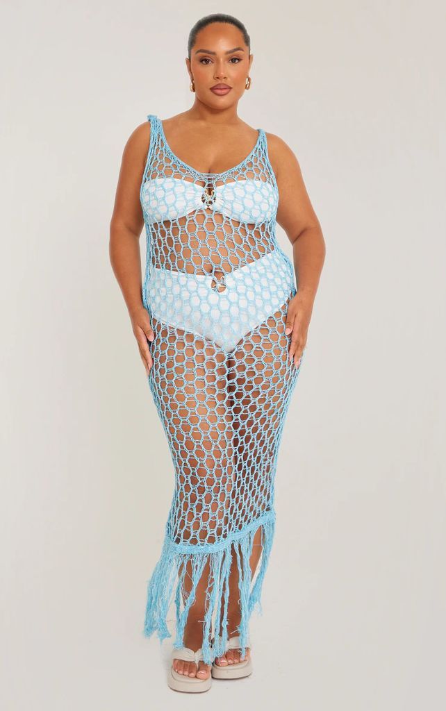 Plus Blue Fishnet Knitted Maxi Dress, Blue