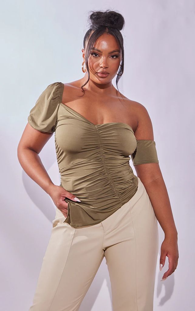 Plus Olive Slinky Ruched Long Top, Green