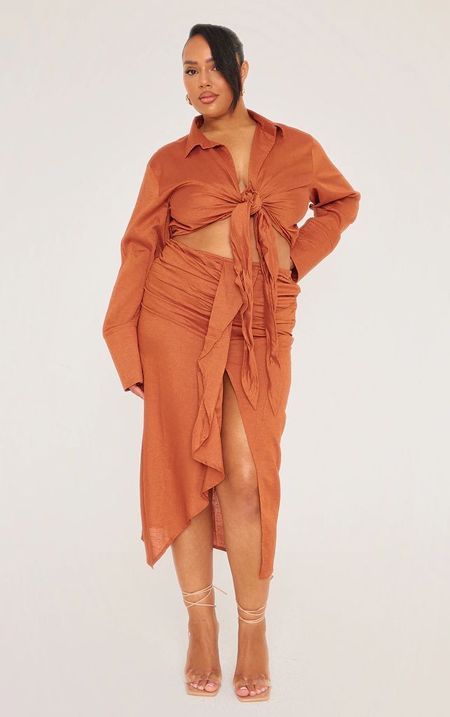 Plus Rust Linen Look Drape Front Midi Skirt, Orange