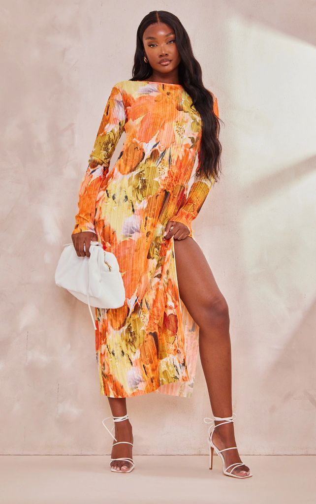 Tall Orange Floral Print Plisse Long Sleeve Split Detail Midi Dress, Orange