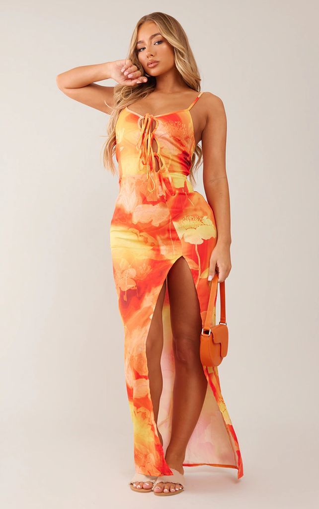 Orange Floral Print Asymmetric Tie Strappy Midaxi Dress, Orange