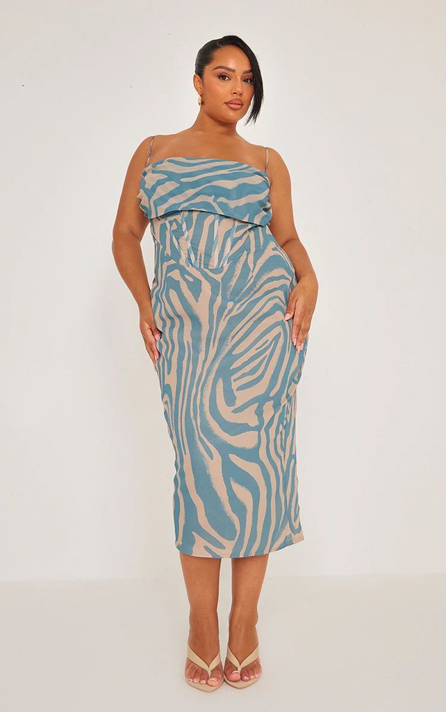 Plus Dusty Blue Tiger Printed Chiffon Drape Detail Midi Dress, Blue