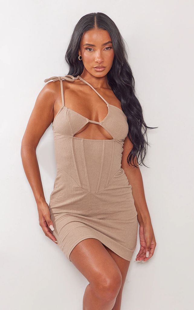 Taupe Textured Jersey Strappy Corset Bodycon Dress, Brown