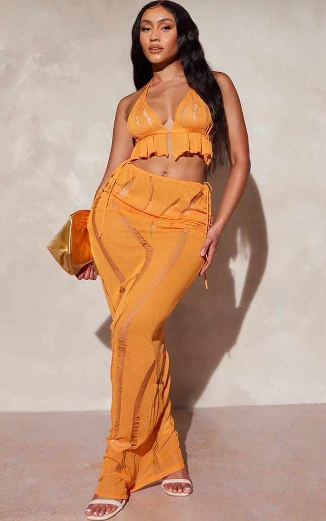 Shape Bright Orange Knit Ladder Detailed Low Rise Ruched Side Maxi Skirt, Bright Orange