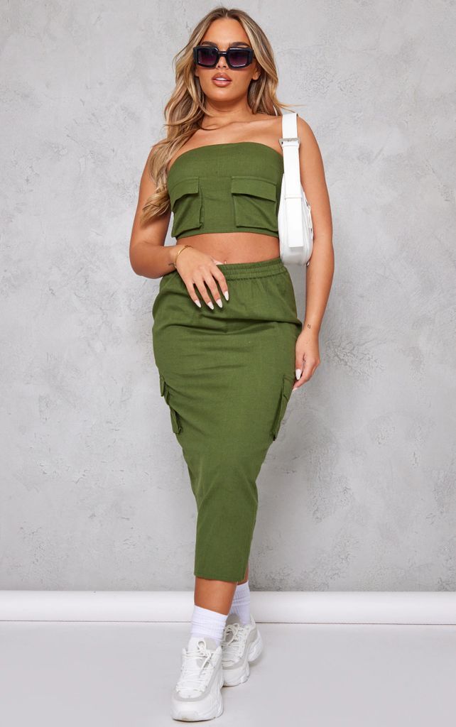 Khaki Linen Look Cargo Pocket Midi Skirt, Green