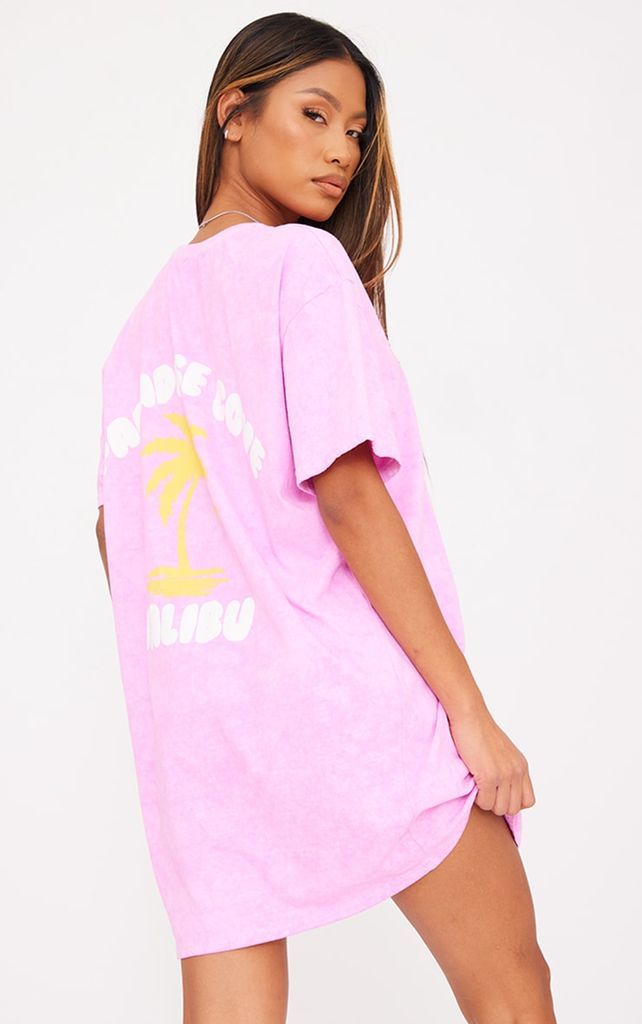 Pink Acid Wash Paradise Slogan T Shirt Dress, Pink