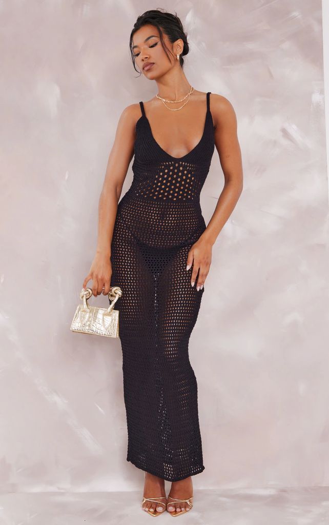 Black Crochet Panel Strappy Maxi Dress, Black