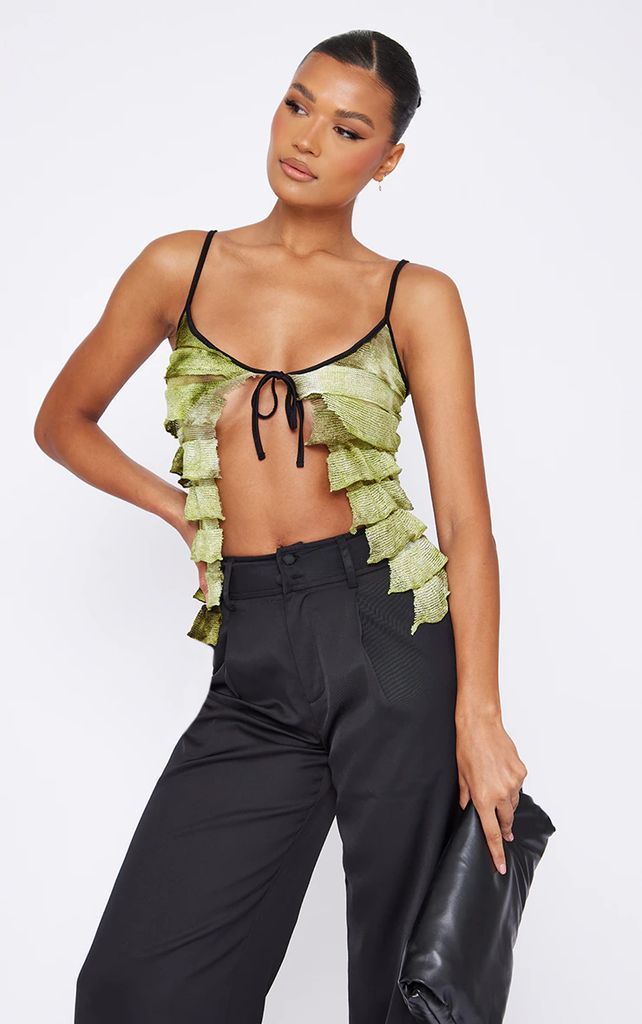 Green Shine Textured Ruffle Tie Front Top, Green
