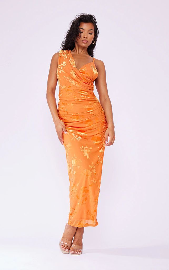 Orange Floral Devore Drape Wrap Split Midaxi Dress, Orange