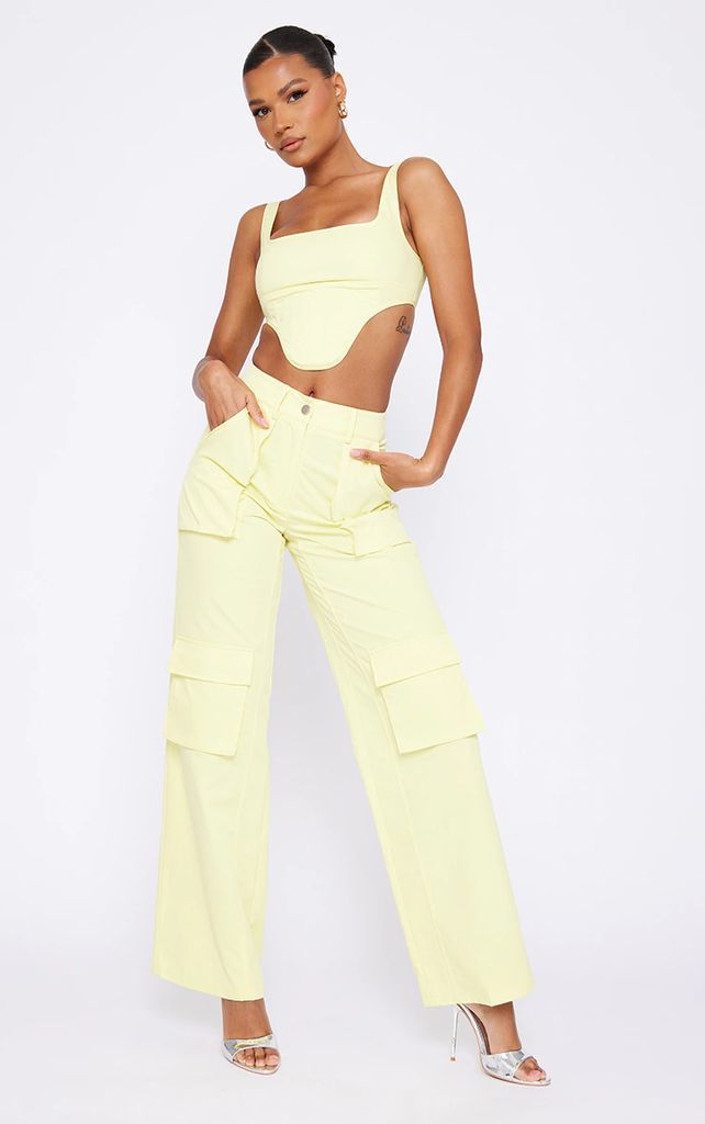 Pale Yellow Twill Pocket Detail High Waist Cargo Trousers, Pale Yellow