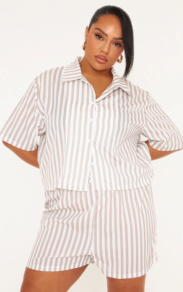 Plus White Stripe Short Sleeve Shirt, White